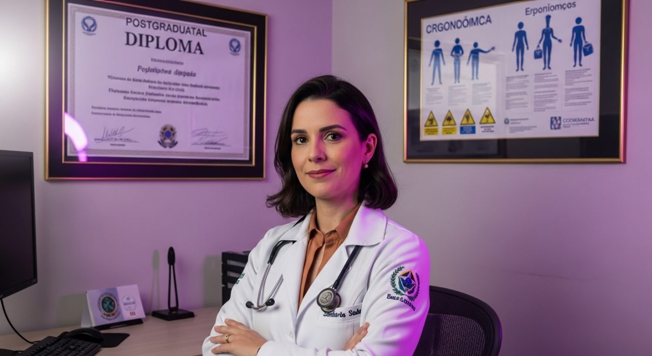 médica em consultório com diploma de pós-graduação