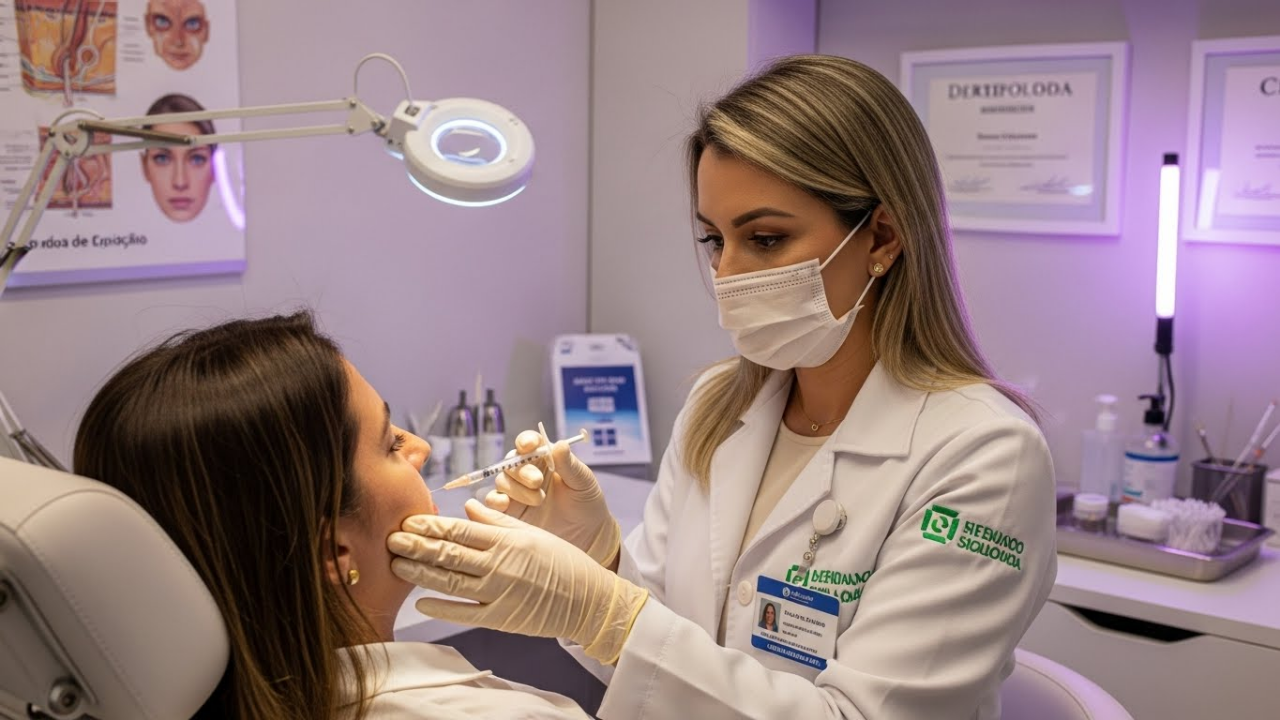 Preenchimento com ácido hialurônico no sulco nasolabial.