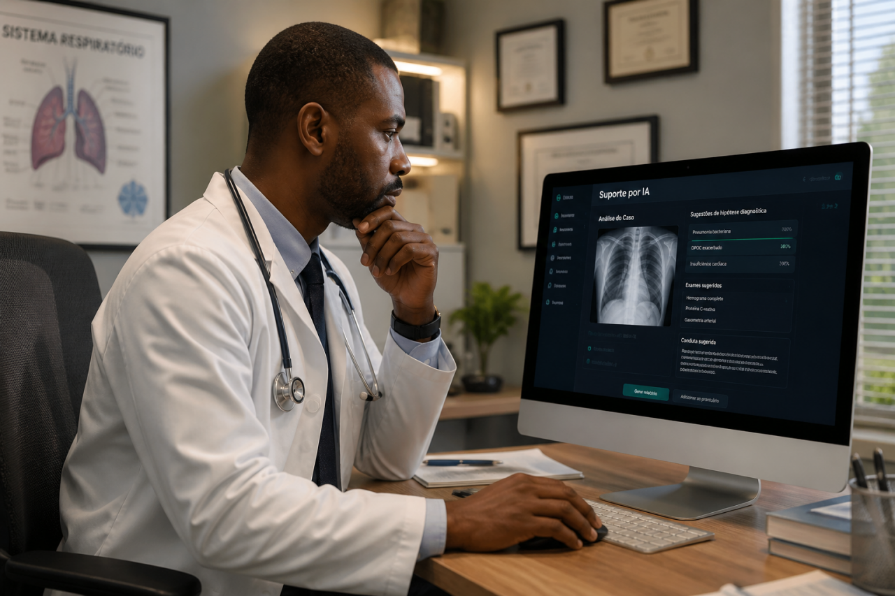 Médico em consultório analisa dados em computador com interface de inteligência artificial para apoio à decisão clínica, em ambiente real de atendimento.