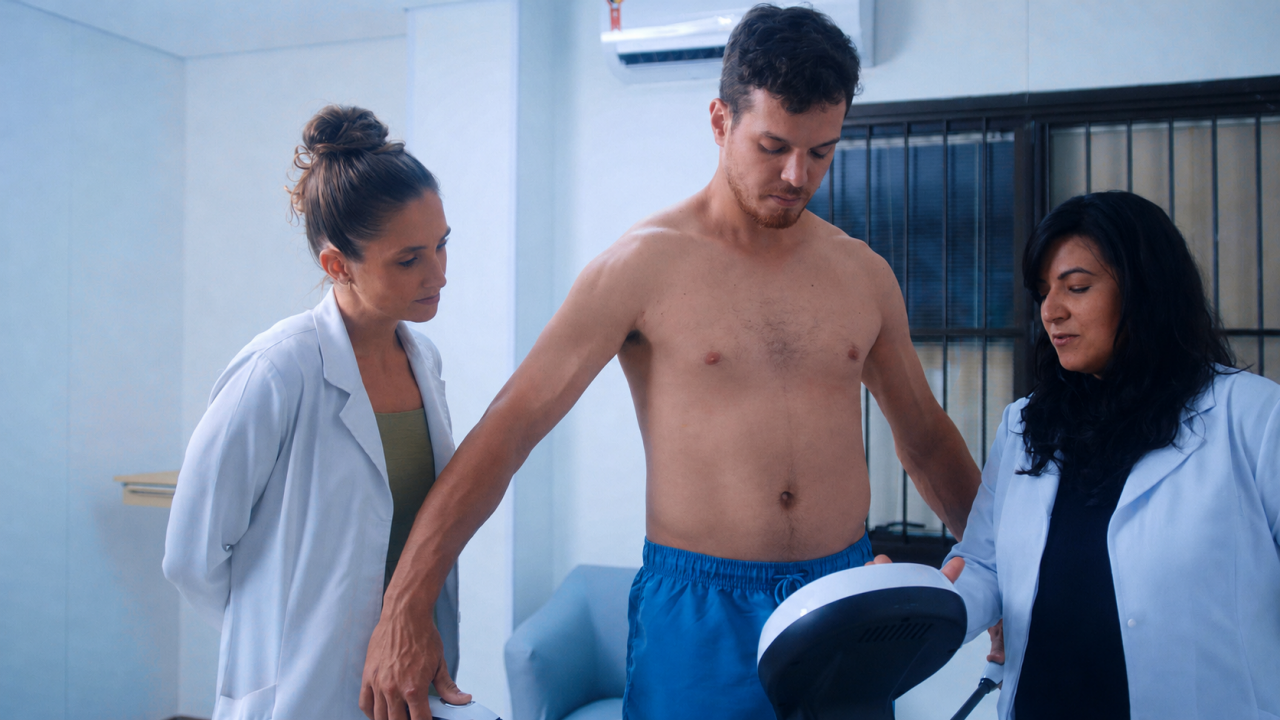 médicas do esporte realizando exame em paciente