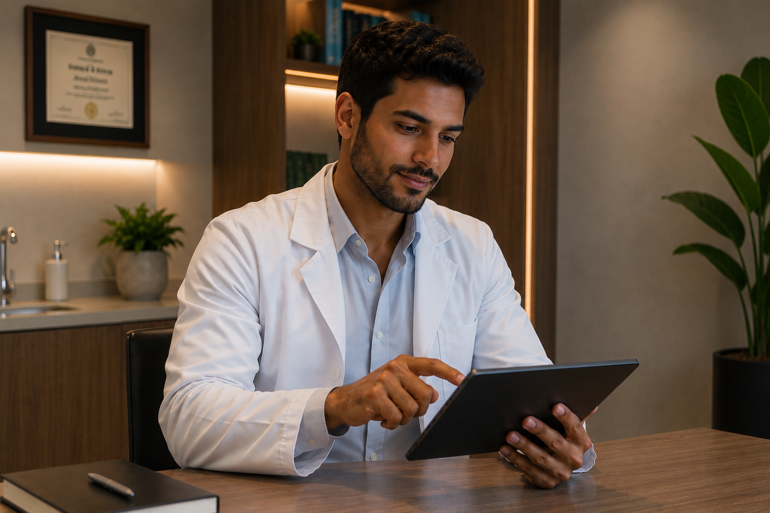 Médico acessando ferramenta de IA em tablet