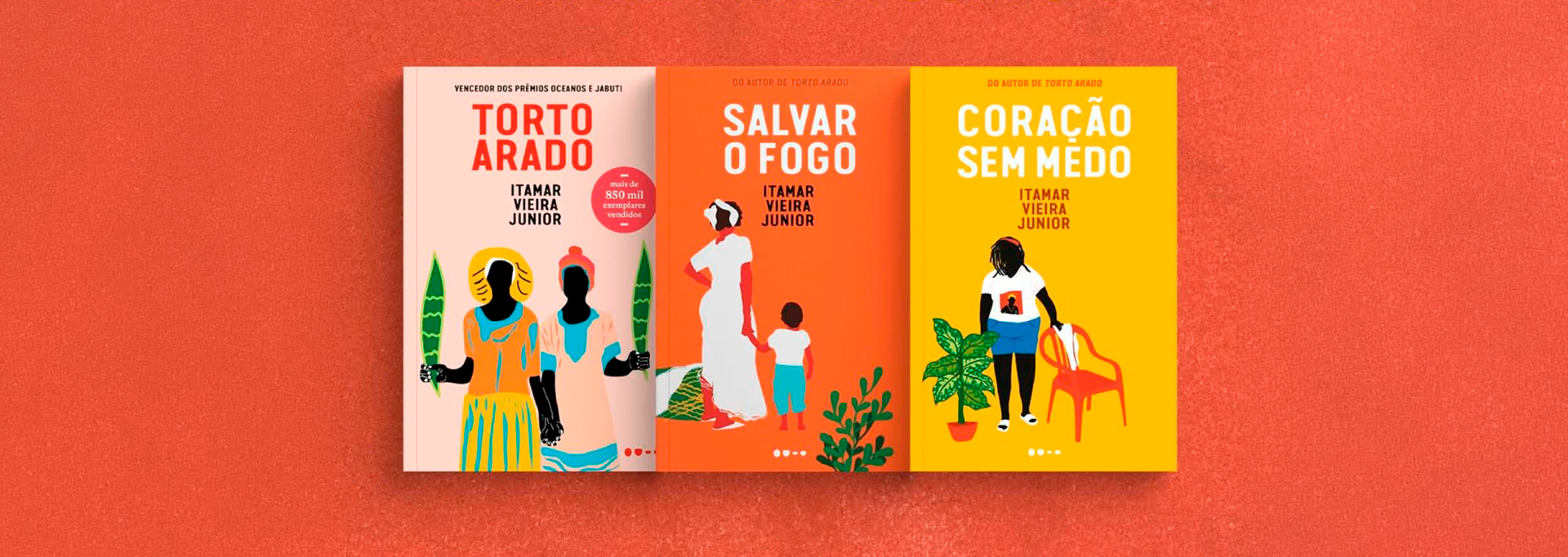 Capas dos livros Torto Arado, Salvar o Fogo e Coração Sem Fogo, de Itamar Vieira Junior