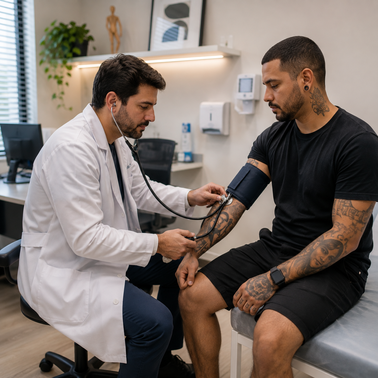 Médico aferindo a pressão arterial de paciente