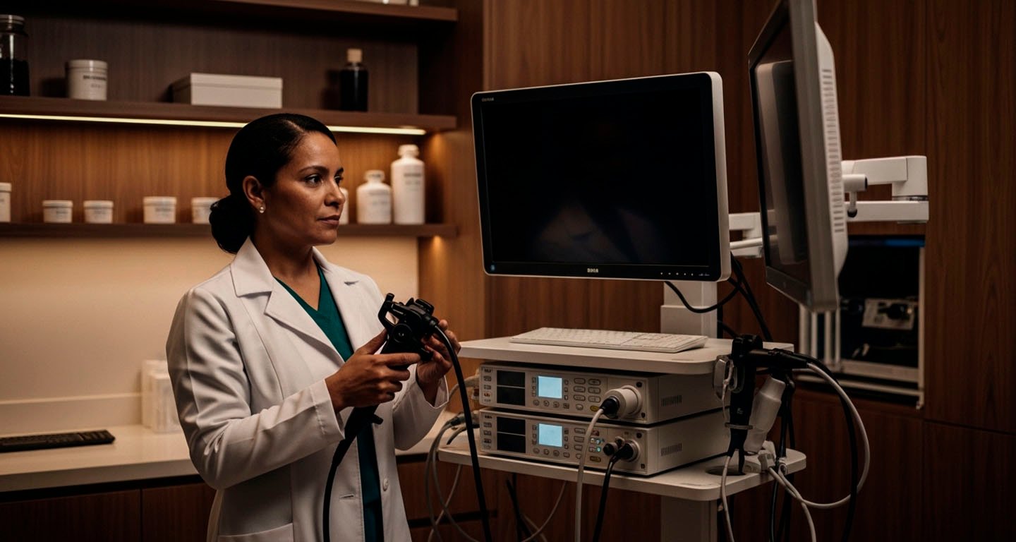 Médica realiza colonoscopia com equipamento endoscópico e acompanha imagens do cólon em monitor durante o procedimento.