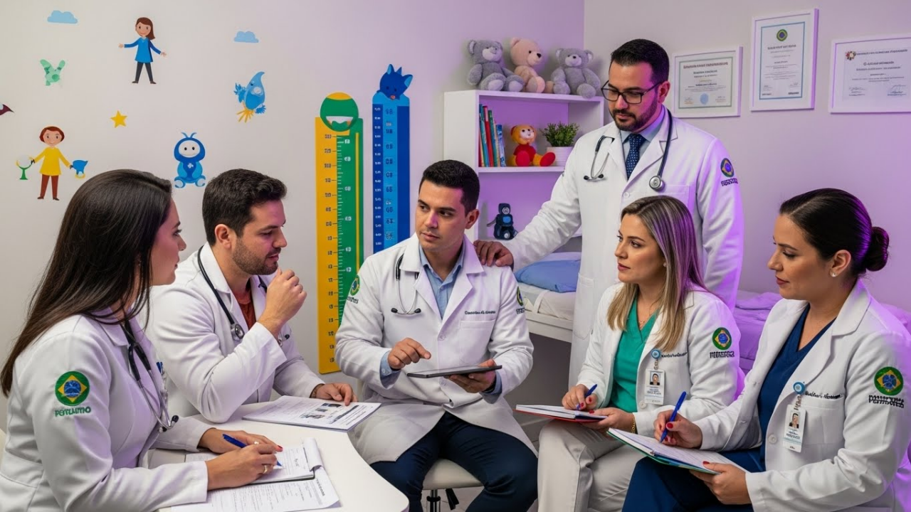 grupo de médicos discutindo um caso clínico pediátrico. 