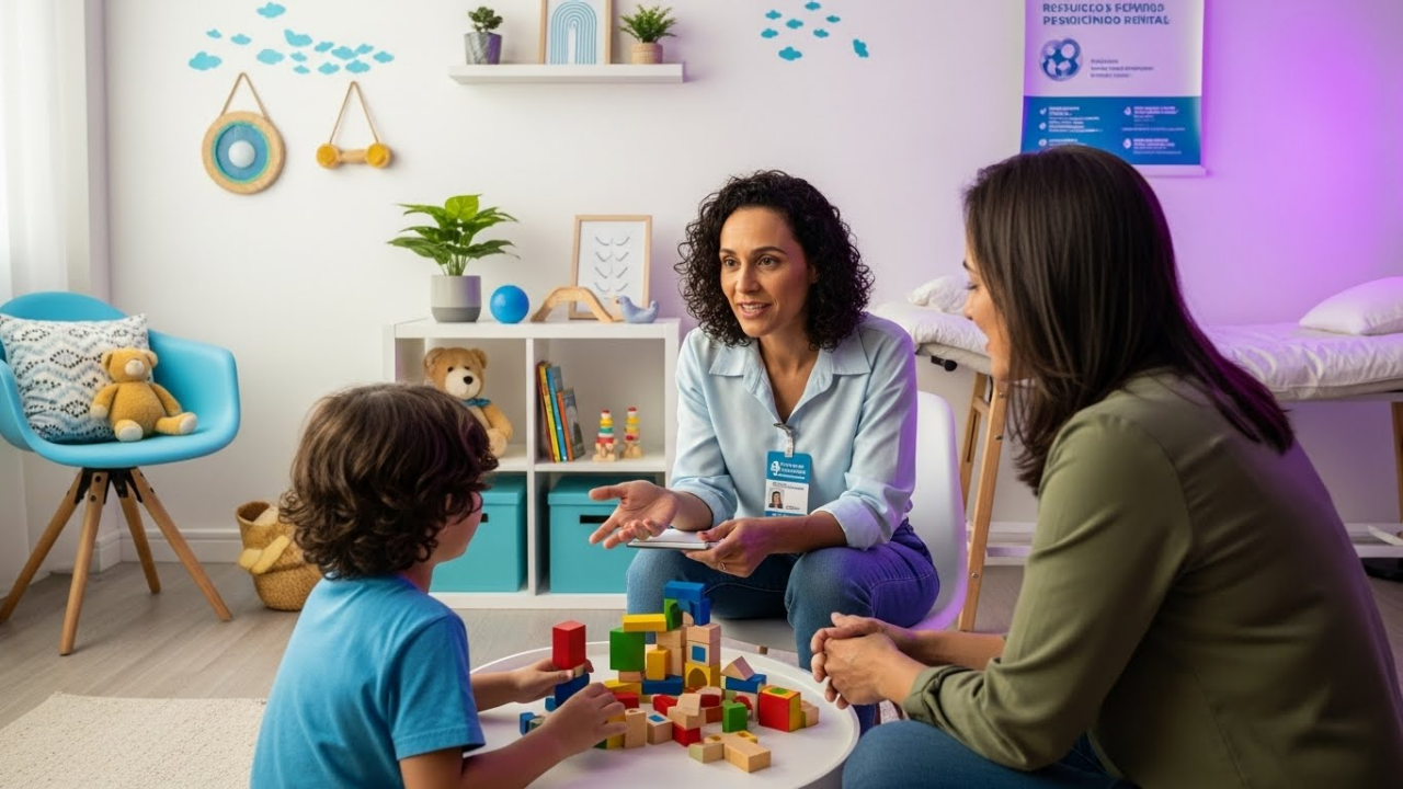 Criança em atendimento de saúde mental infantil com profissional e responsável.